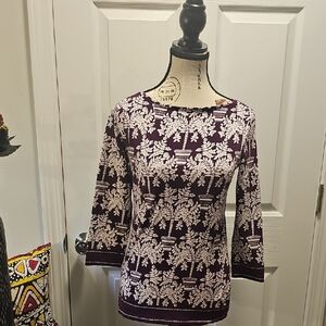 Talbots 3/4 Sleeve Boat-neck Floral Tee, Plum and White, Women's Size XS